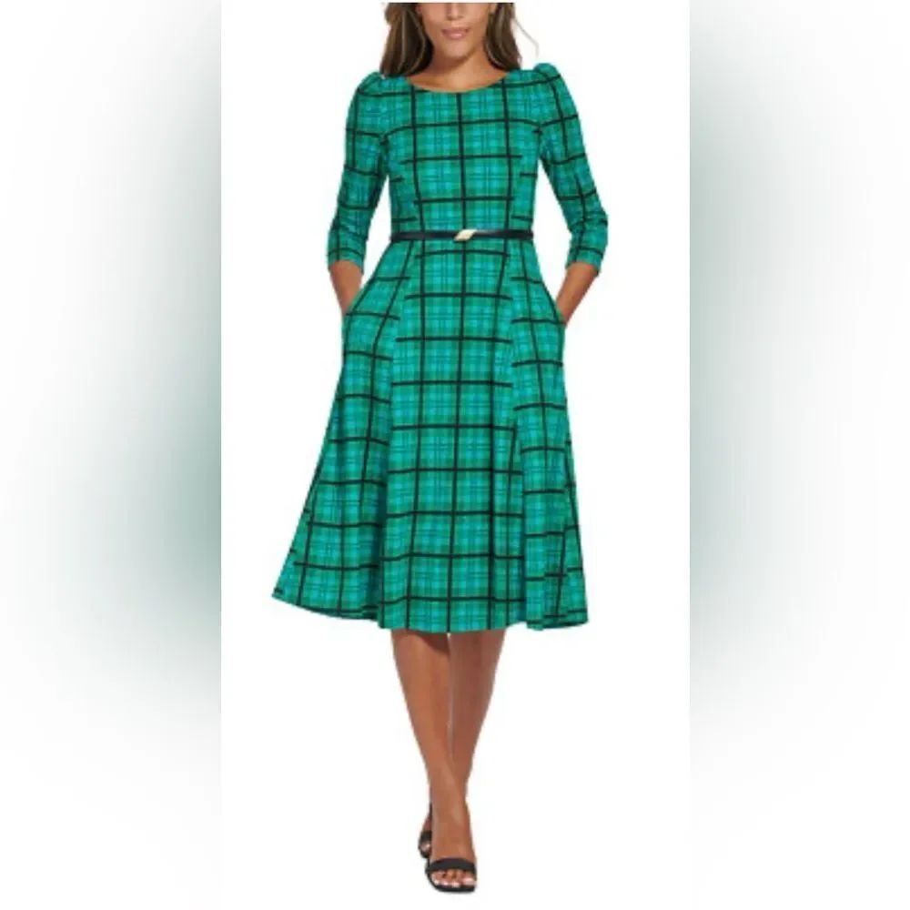 NWT Calvin Klein Women's A-line Belted Midi Dress  Green Size 4 $139